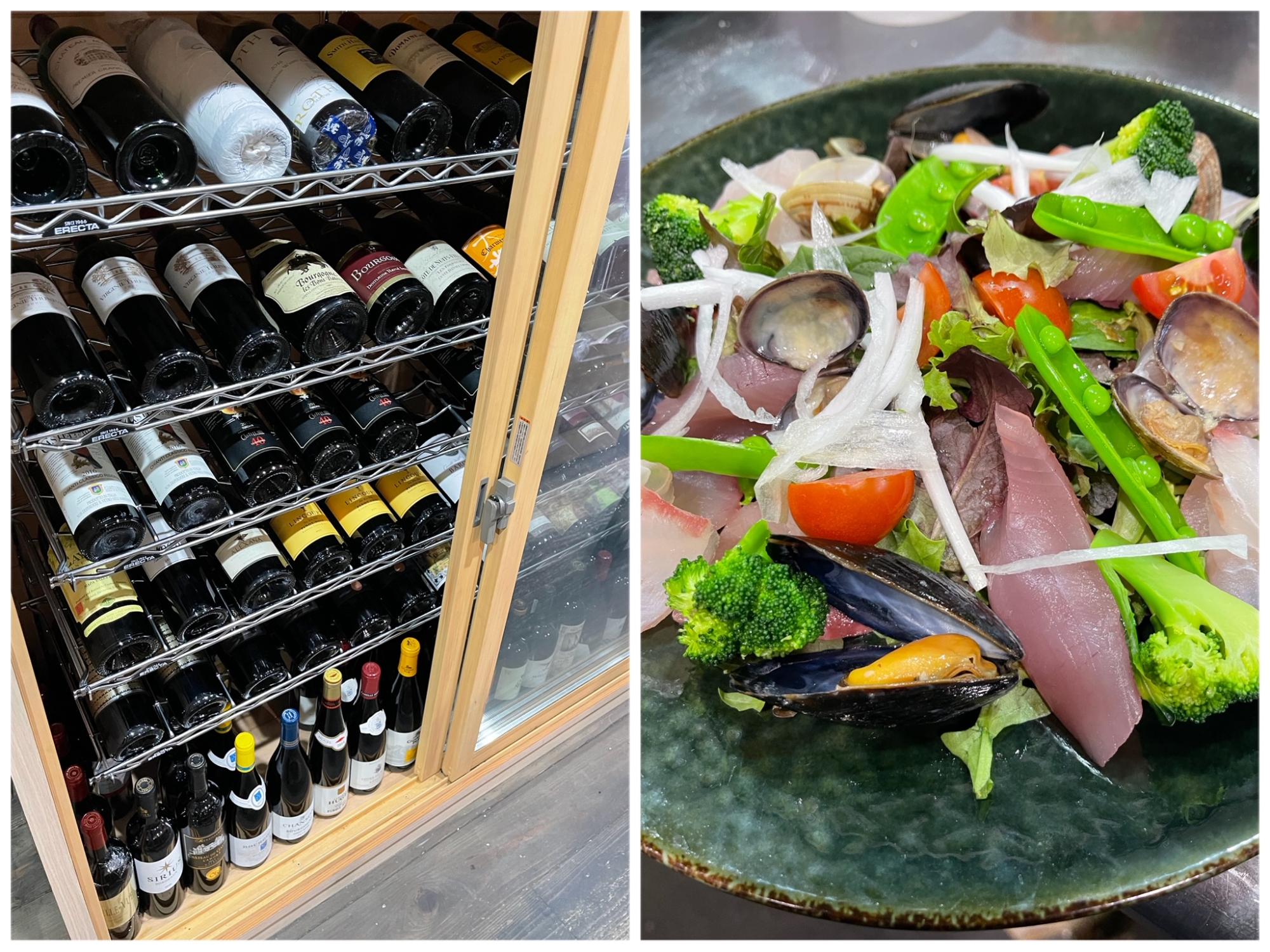 酸味からボリュームまで。世界各国のワインを取り揃える。人気メニューの「本日のカルパッチョ」1880円(税込)は、一番美味しい「旬」を一皿に (画像提供「Kitchen ＆ bar 36KR」)