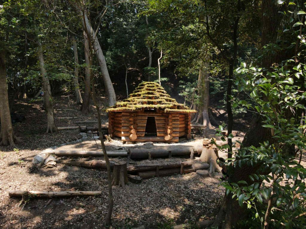 鴨川市釜沼集落の森に建つ六角形のログハウス「丸太炉庵」　写真提供：林良樹