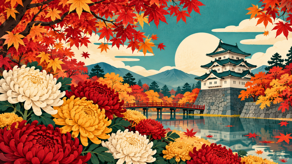 弘前の秋をイメージした菊の花と紅葉、城と濠を描いたイラスト