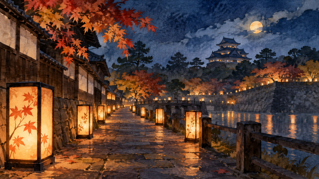 松江の秋の夜をイメージした行燈と城下町の水辺を描いたイラスト