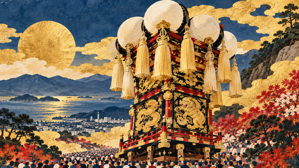 新居浜太鼓祭りをイメージした金色の飾り幕を持つ太鼓台と人々のイラスト