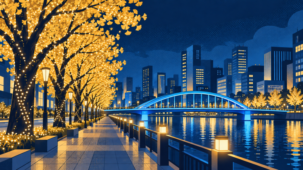 冬の大阪をイメージした光の並木と水辺、橋を描いたイラスト
