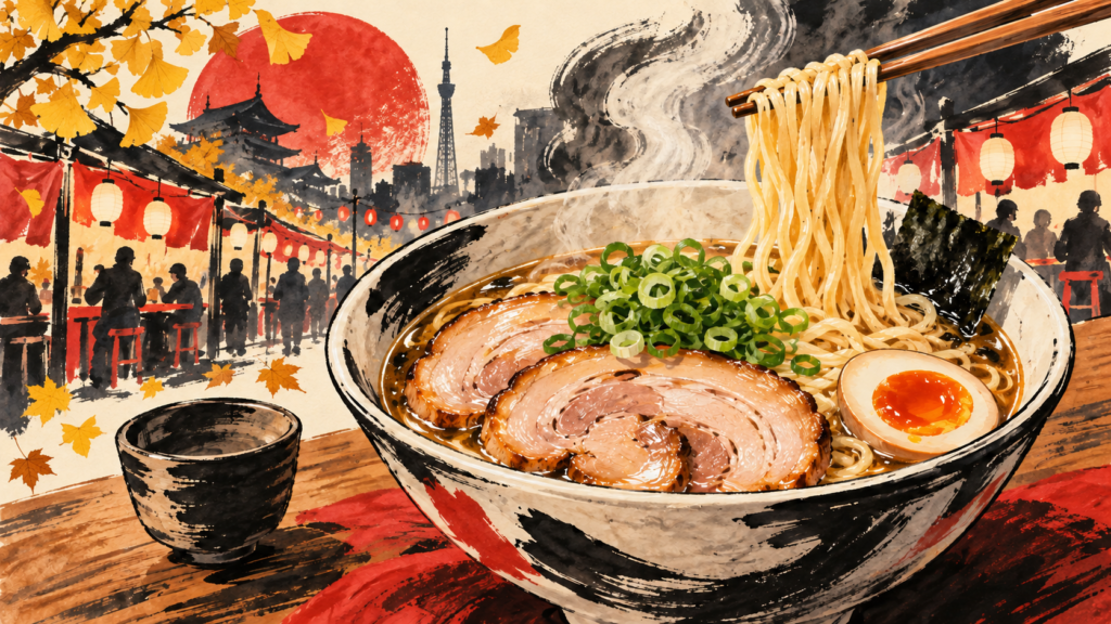 湯気の立つラーメンと秋の屋外イベントをイメージした筆描き風イラスト