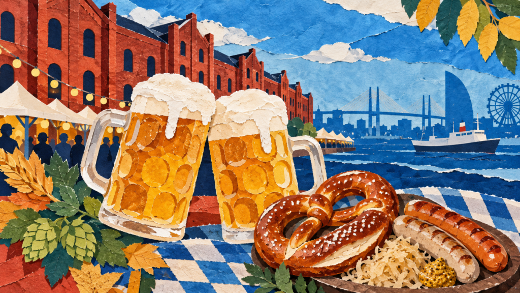 ビールとドイツ料理、横浜の港と赤レンガの建物を描いた紙のコラージュ風イラスト