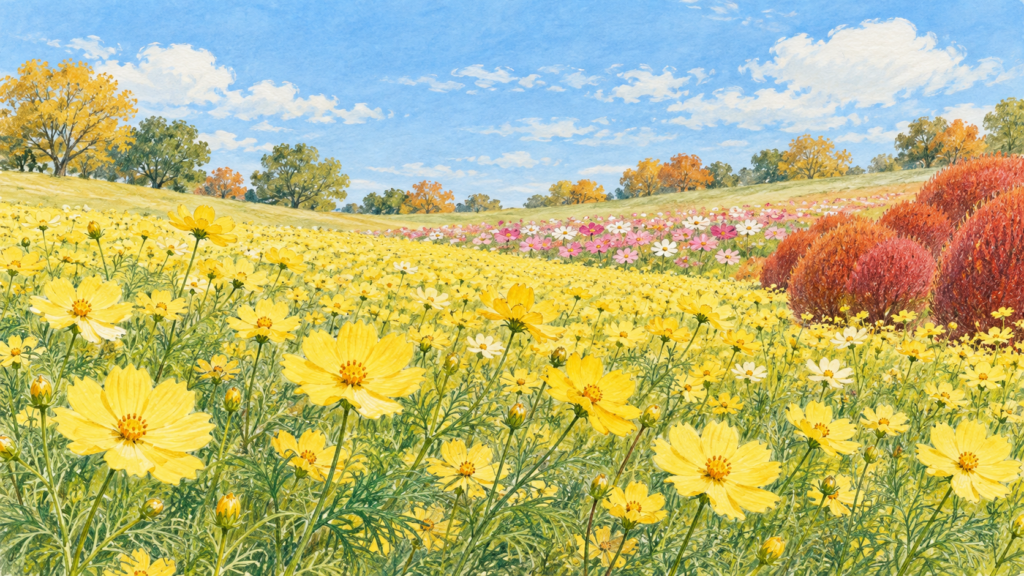 秋のコスモスと赤いコキアの花畑をイメージしたイラスト