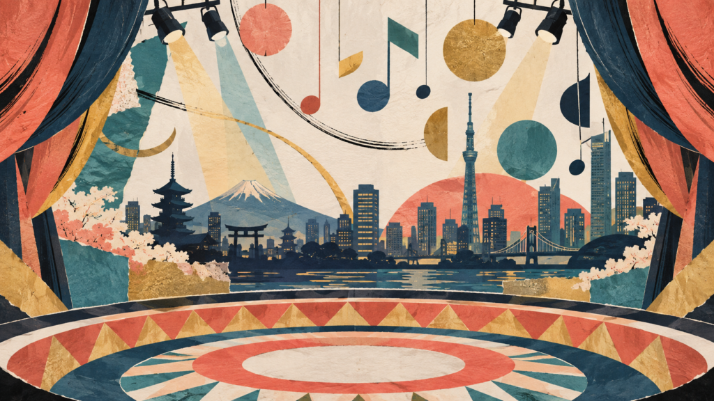 劇場の幕と東京の街を描いた文化芸術祭のエディトリアルイラスト