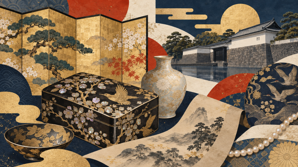 皇室ゆかりの美術工芸を描いた金地屏風風エディトリアルイラスト