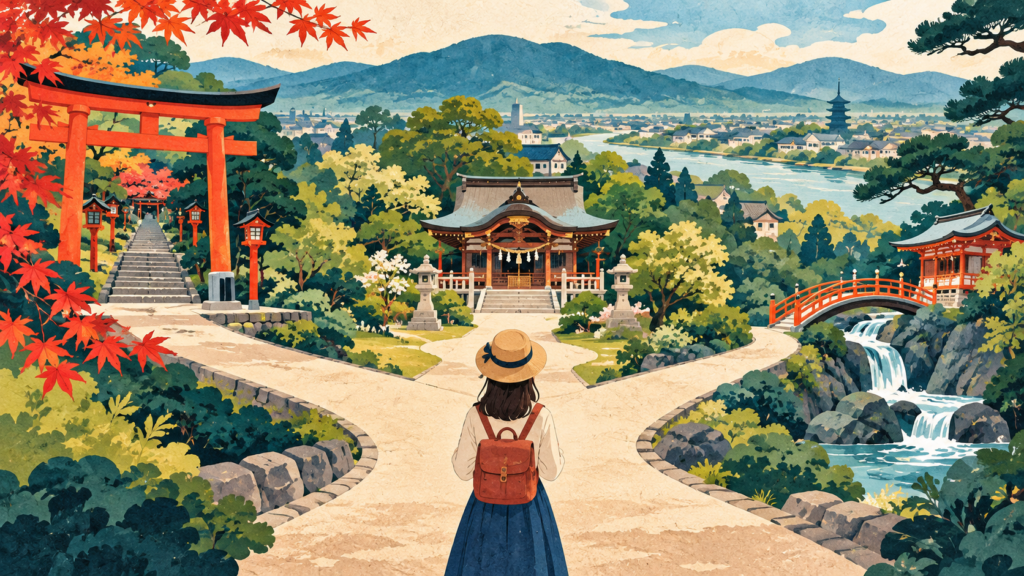 分かれ道に立つ旅行者と、複数の架空の神社を描いたイラスト