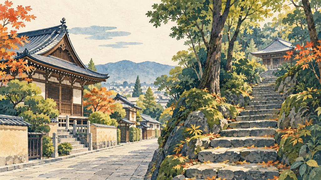 町中の寺院と木々の中の石段を描いた参拝先比較のイメージイラスト。実寺院の写真や正確な参拝経路ではありません。