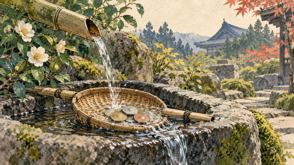 京都の寺社と銭洗いをイメージしたイラスト