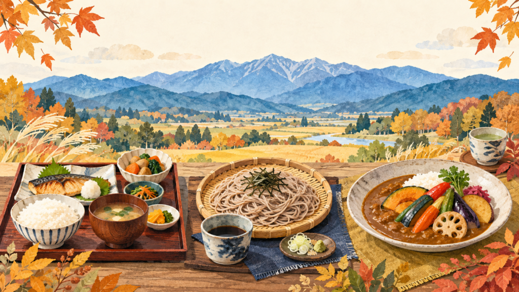 定食・そば・野菜カレーの選び分けを表すイメージイラスト。実店舗の提供料理の写真ではありません。